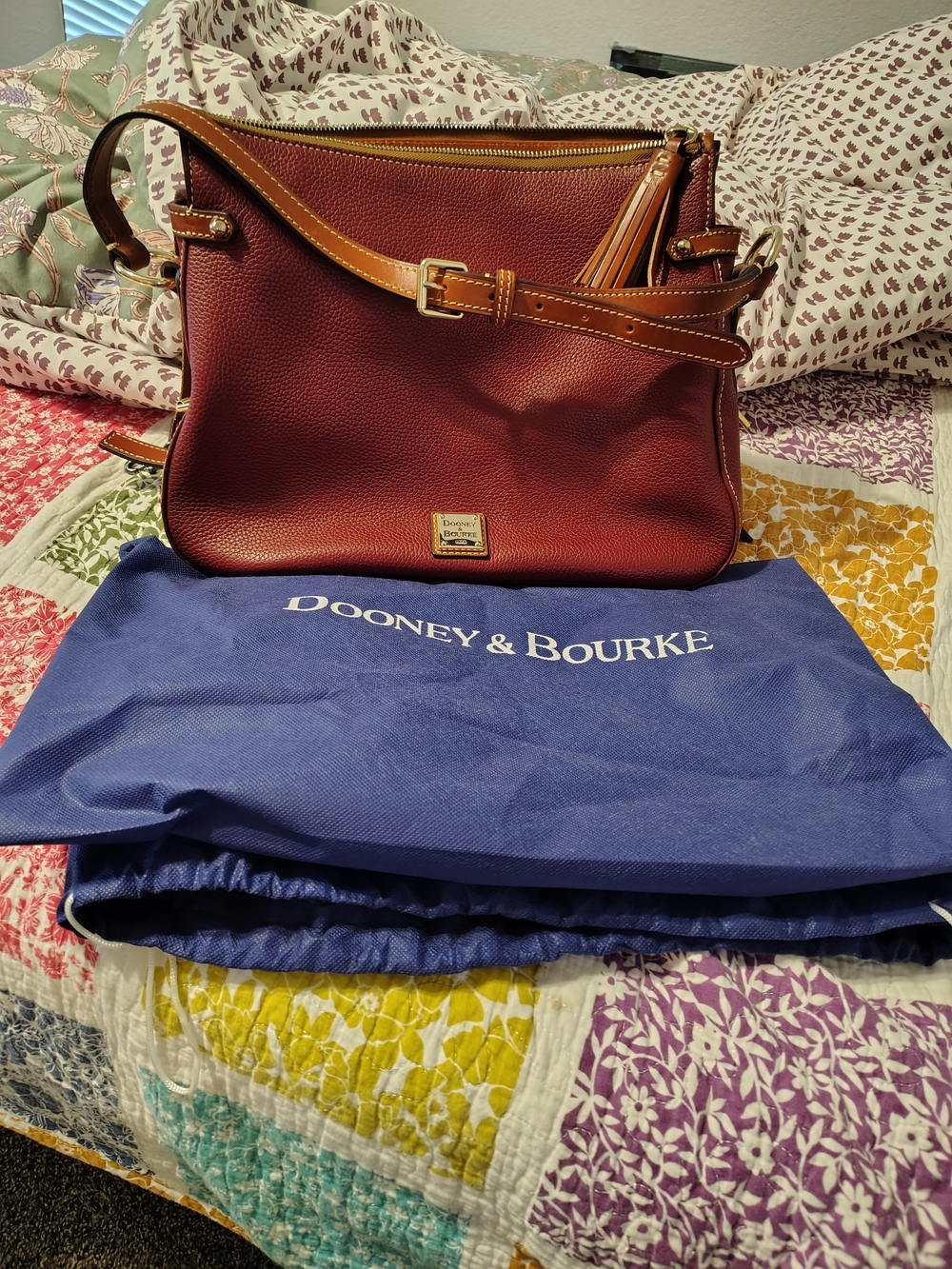 Dooney & Bourke Burgundy Pebbled Leather Shoulder Bag with Tan Trim